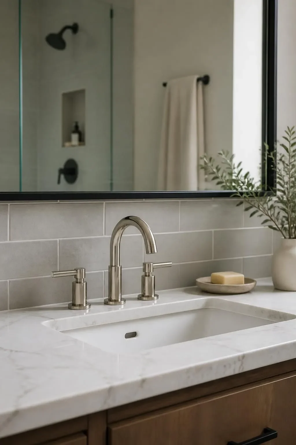 Finished bathroom vanity with a polished faucet and clean tile